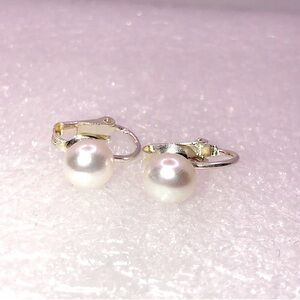 Sterling & Freshwater Pearl Clip On Earrings 8mm - 9mm Pearls / .7” Length